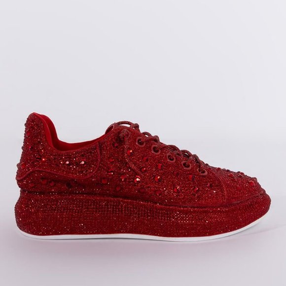 AZALEA WANG BLINGED OUT FLAT SNEAKER IN RED - Picture 5 of 8